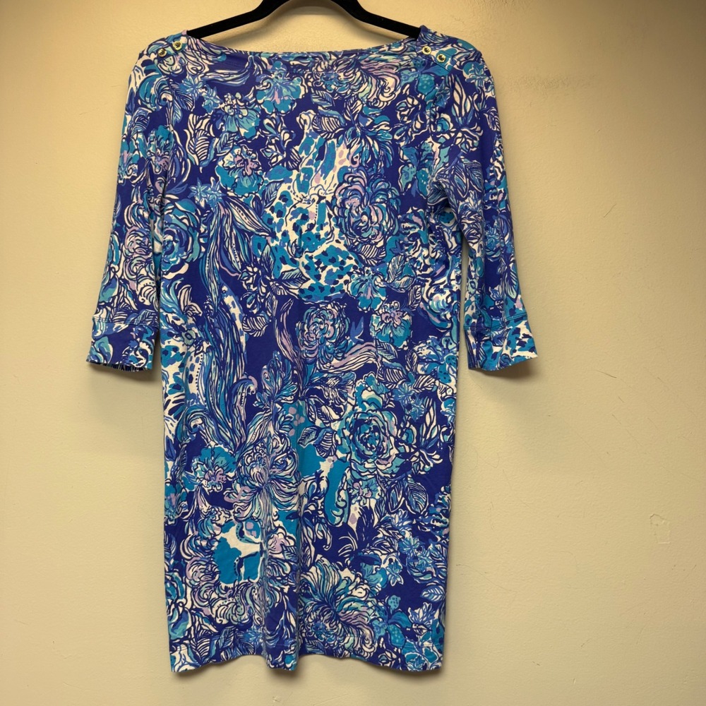 Lilly Pulitzer Shift Dress Women XS Blue Floral Paisley 3/4 Sleeve Excellent